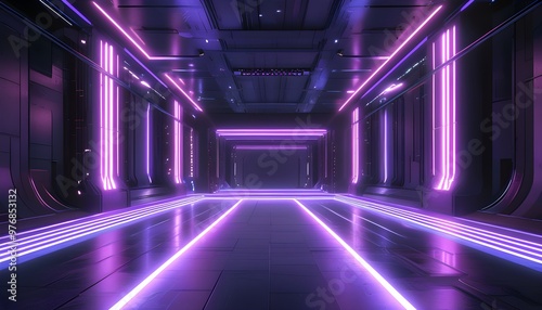 Futuristic Stage Bathed in Purple Glowing Lines Against a Cosmic Backdrop