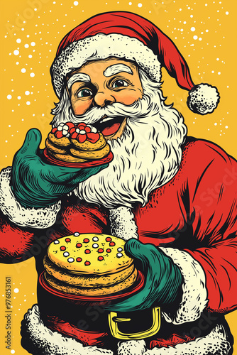 funny x-mas comic design background wallpaper for christmas with santa claus holding cookies up 