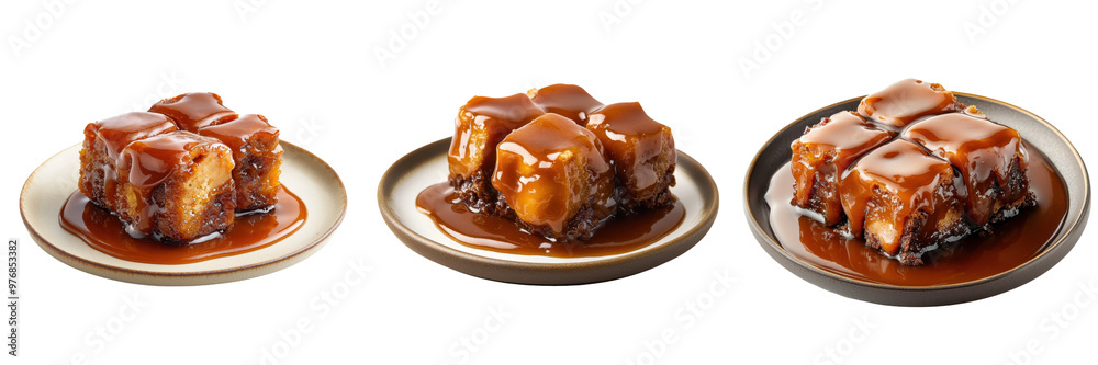 Delicious dessert served on plates, featuring rich caramel sauce drizzled over soft, chewy squares. transparent background Delicious dessert served on plates, featuring rich caramel sauce drizzled over soft, chewy squares. transparent background