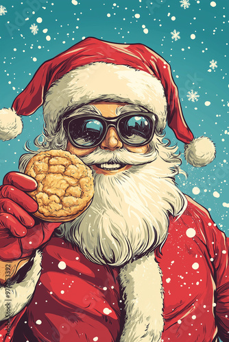 funny x-mas comic design background wallpaper for christmas with santa claus holding cookies up 