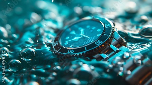 On a teal surface an underwater timepiece with a trendy a watch