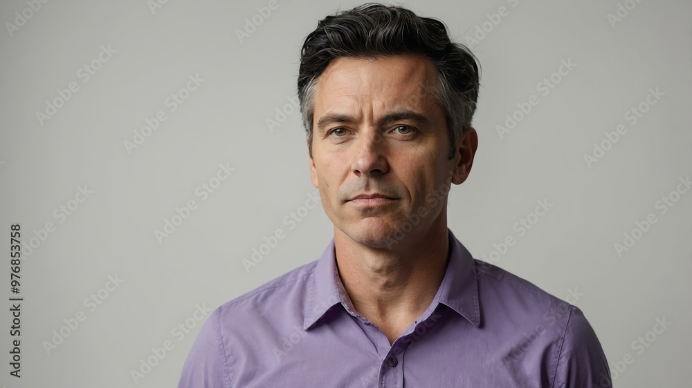 Fototapeta premium adult black hair white man in purple shirt model portrait standing straight on a plain white background for ad concept space for text