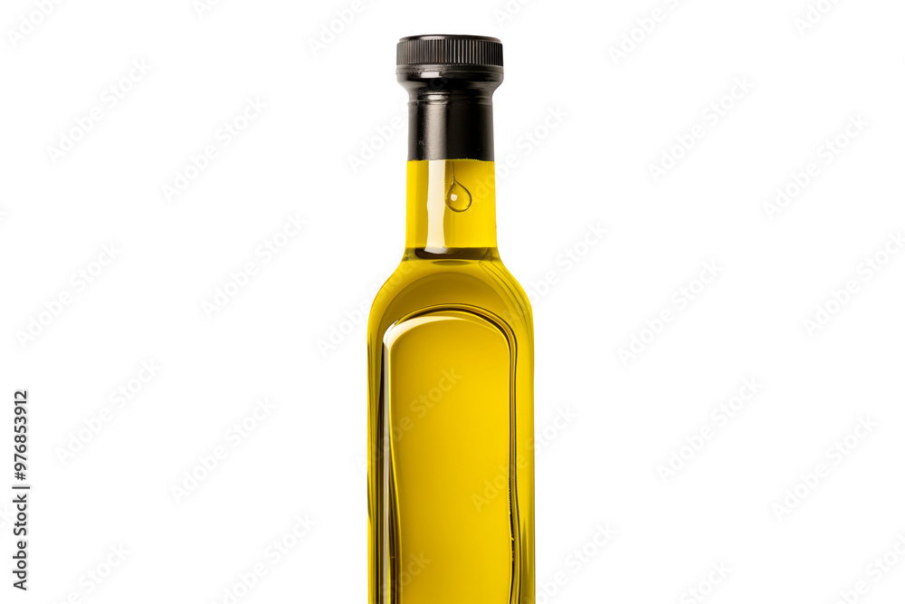 A clear glass bottle filled with olive oil isolated on white transparent background.