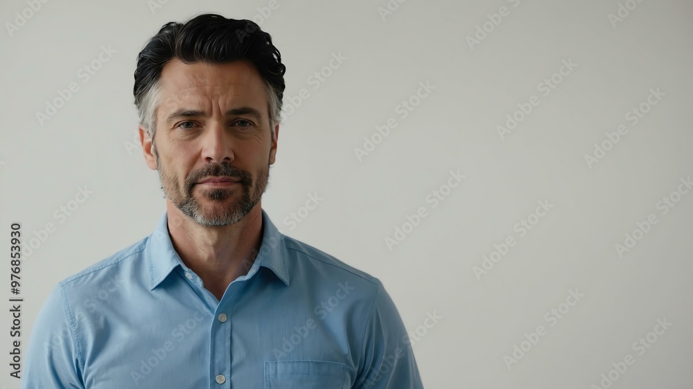 Obraz premium adult black hair white man in blue shirt model portrait standing straight on a plain white background for ad concept space for text