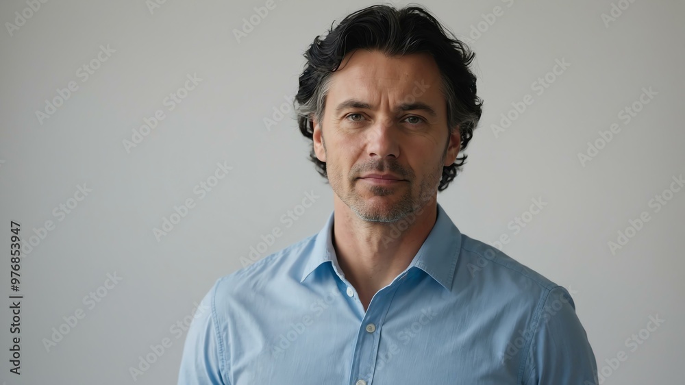 Obraz premium adult black hair white man in blue shirt model portrait standing straight on a plain white background for ad concept space for text