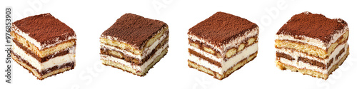 Delicious layers of creamy tiramisu dessert, showcasing rich coffee flavor and cocoa dusting. Perfect for indulgent occasions. transparent background