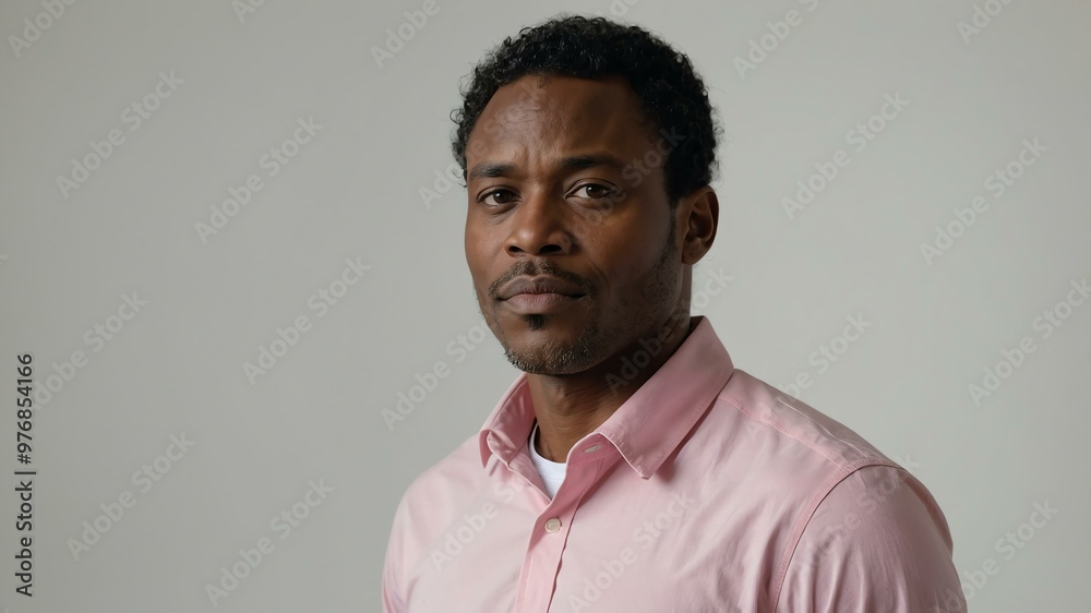 Obraz premium adult black hair subsaharan african man in pink shirt model portrait standing straight on a plain white background for ad concept space for text