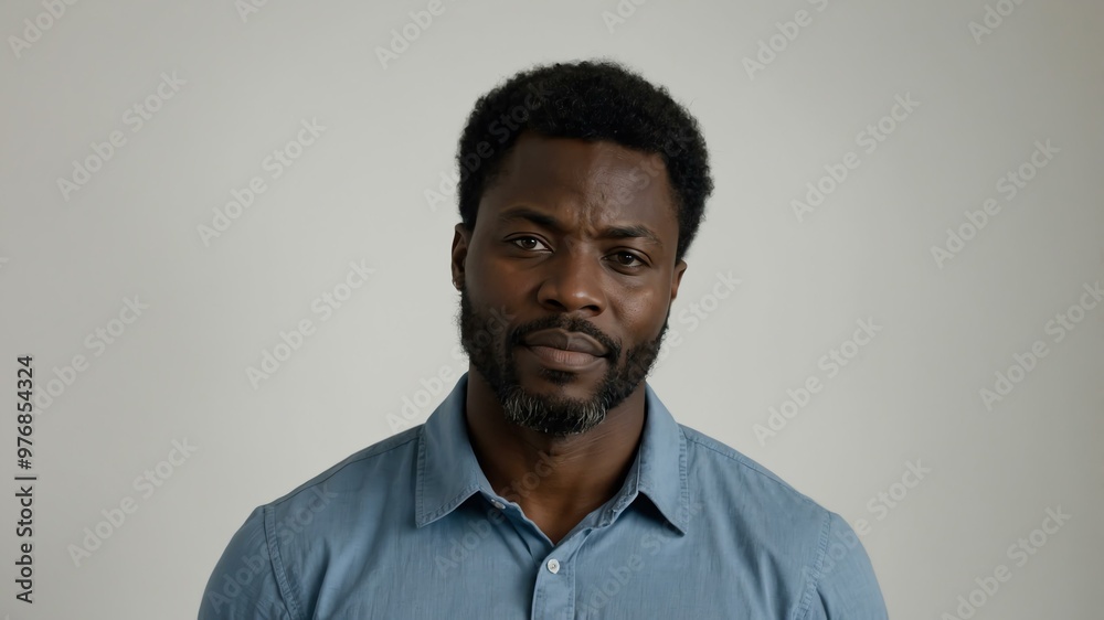 Obraz premium adult black hair subsaharan african man in blue shirt model portrait standing straight on a plain white background for ad concept space for text