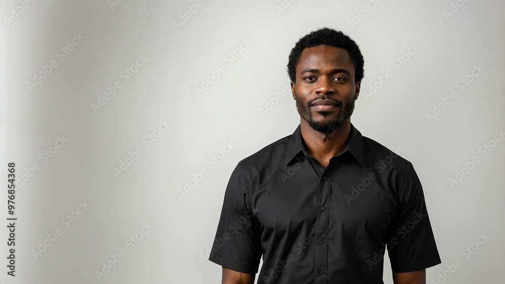 Fototapeta premium adult black hair subsaharan african man in black shirt model portrait standing straight on a plain white background for ad concept space for text
