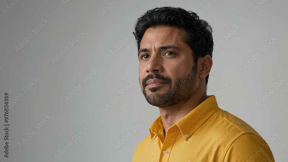 Obraz premium adult black hair hispanic man in yellow shirt model portrait standing straight on a plain white background for ad concept space for text