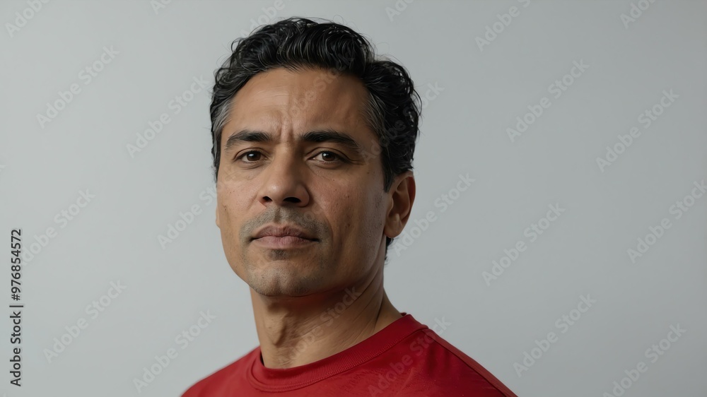 Obraz premium adult black hair hispanic man in red shirt model portrait standing straight on a plain white background for ad concept space for text