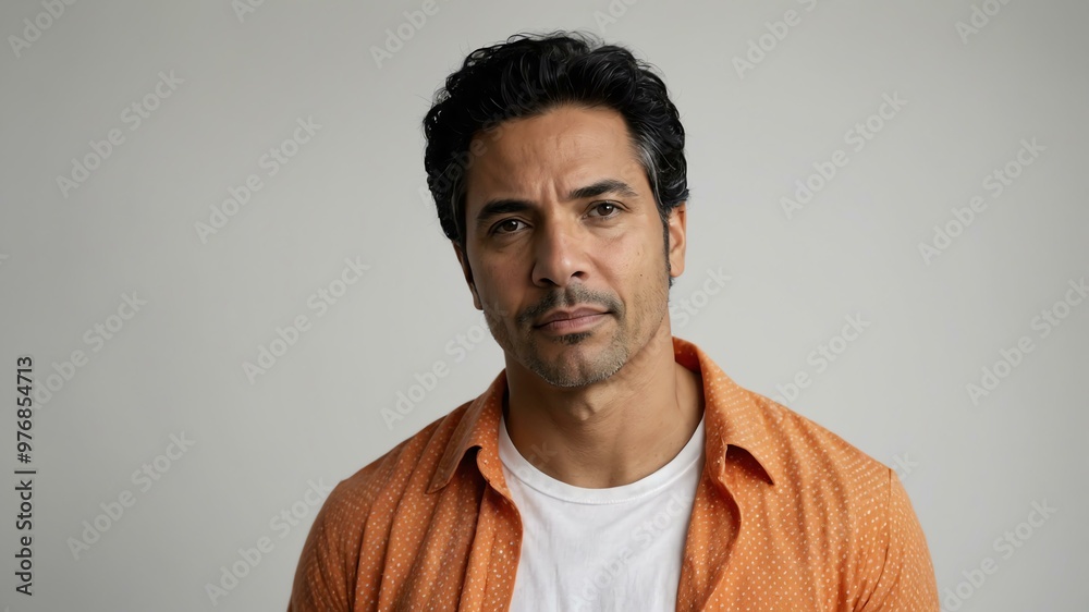 Obraz premium adult black hair hispanic man in orange shirt model portrait standing straight on a plain white background for ad concept space for text
