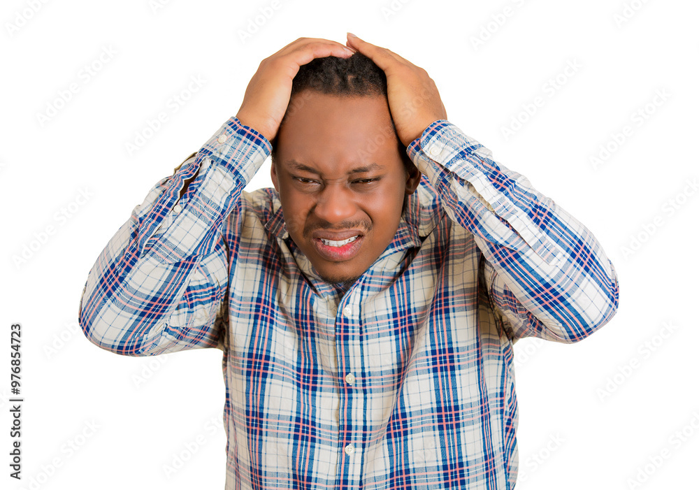 Closeup portrait of unhappy upset man bothered by mistakes, hands on head Closeup portrait of unhappy upset man bothered by mistakes, hands on head