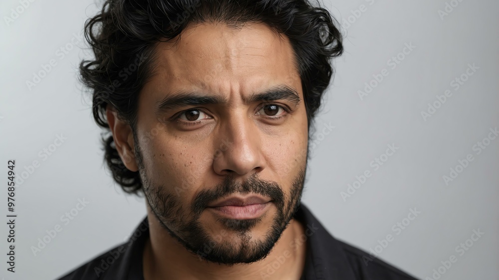 Fototapeta premium adult black hair hispanic man in black shirt model portrait standing straight on a plain white background for ad concept space for text