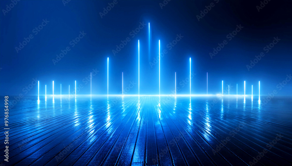 Futuristic Neon Landscape with Reflective Blue Lights Background Futuristic Neon Landscape with Reflective Blue Lights Background