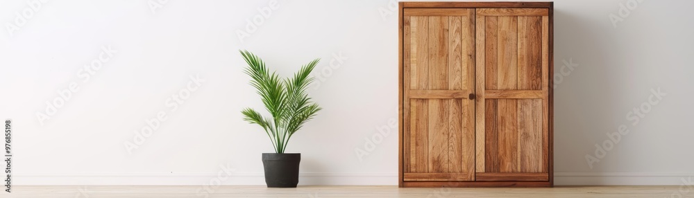 A modern, upcycled wardrobe with recycled wood doors, set against a white minimalist interior, recycled wardrobe, minimalist upcycled furniture A modern, upcycled wardrobe with recycled wood doors, set against a white minimalist interior, recycled wardrobe, minimalist upcycled furniture