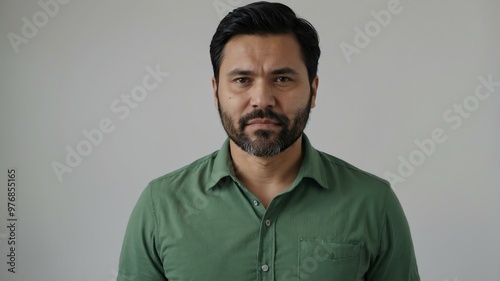 adult black hair finnougric man in green shirt model portrait standing straight on a plain white background for ad concept space for text