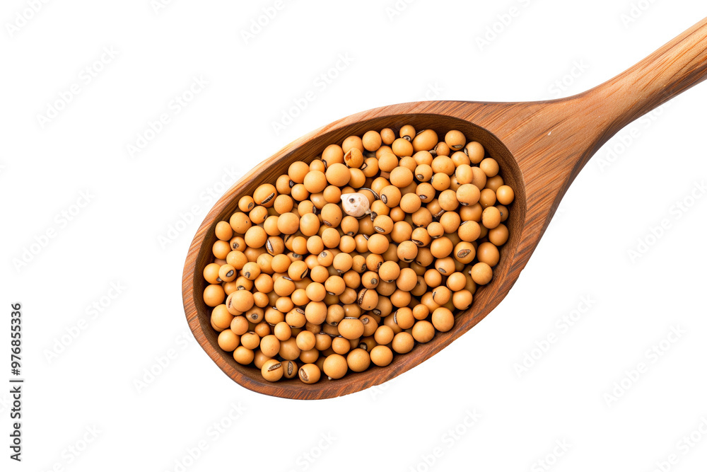 Yellow mustard seeds in a wooden scoop isolated on white transparent background.