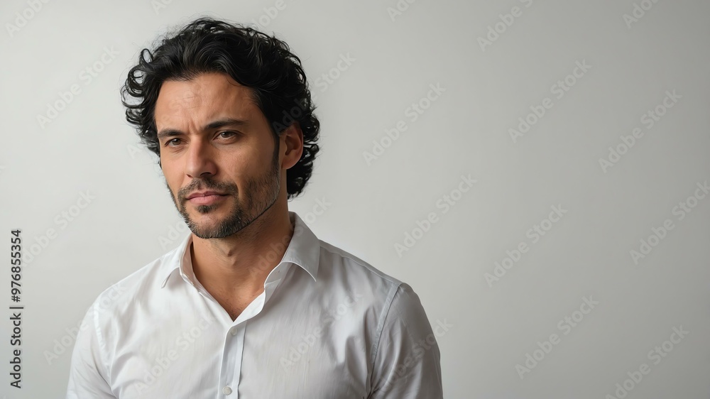 Obraz premium adult black hair european man in white shirt model portrait standing straight on a plain white background for ad concept space for text