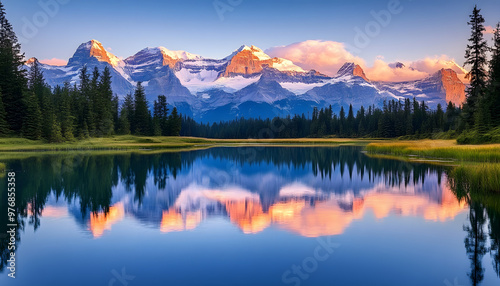 Nature Bliss: A serene mountain landscape with a lake reflecting the snowy peaks at sunrise