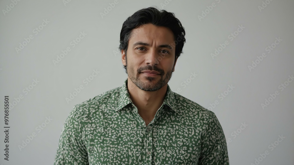 Obraz premium adult black hair european man in green shirt model portrait standing straight on a plain white background for ad concept space for text