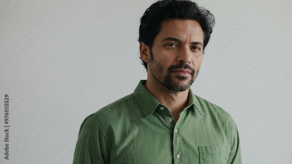 Obraz premium adult black hair european man in green shirt model portrait standing straight on a plain white background for ad concept space for text