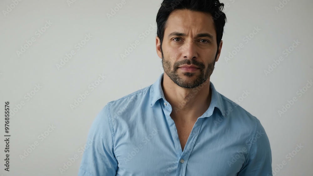 Obraz premium adult black hair european man in blue shirt model portrait standing straight on a plain white background for ad concept space for text