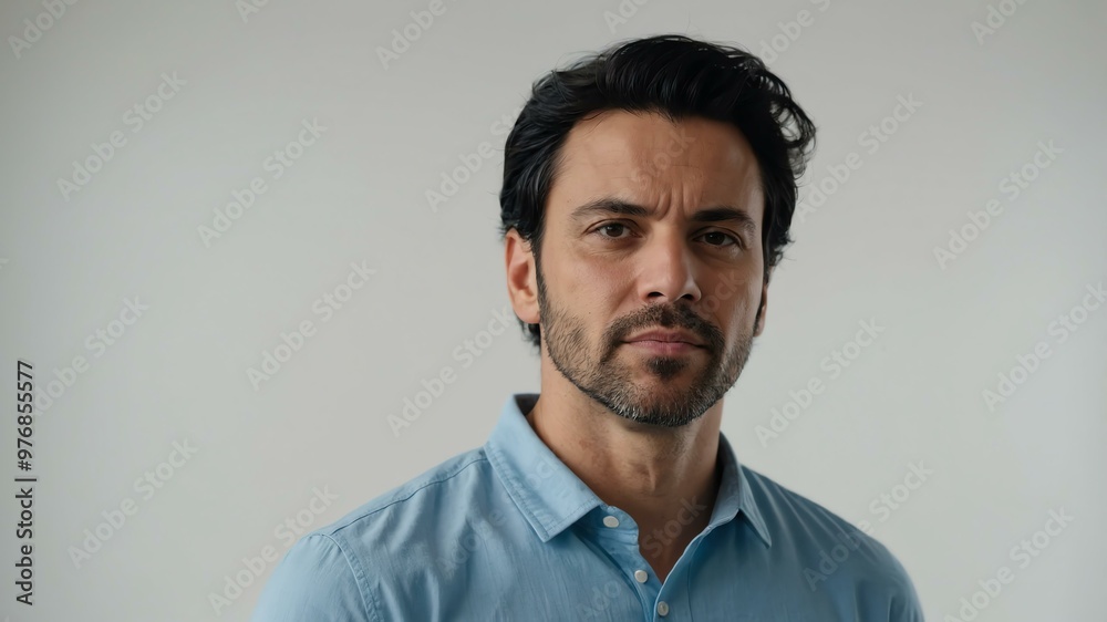 Obraz premium adult black hair european man in blue shirt model portrait standing straight on a plain white background for ad concept space for text