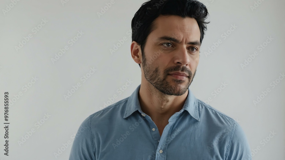 Obraz premium adult black hair european man in blue shirt model portrait standing straight on a plain white background for ad concept space for text