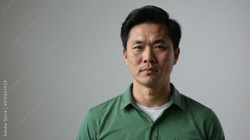 Obraz premium adult black hair east asian man in green shirt model portrait standing straight on a plain white background for ad concept space for text