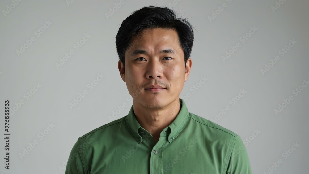 Obraz premium adult black hair east asian man in green shirt model portrait standing straight on a plain white background for ad concept space for text