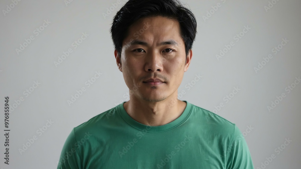 Fototapeta premium adult black hair east asian man in green shirt model portrait standing straight on a plain white background for ad concept space for text