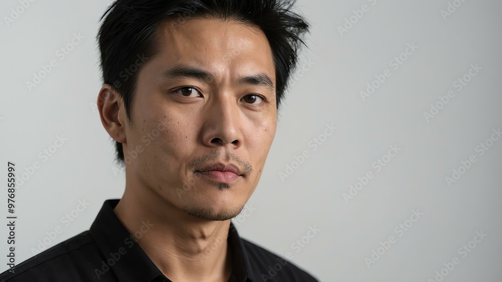 Obraz premium adult black hair east asian man in black shirt model portrait standing straight on a plain white background for ad concept space for text