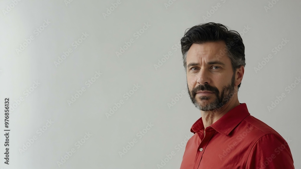 Fototapeta premium adult black hair caucasian man in red shirt model portrait standing straight on a plain white background for ad concept space for text