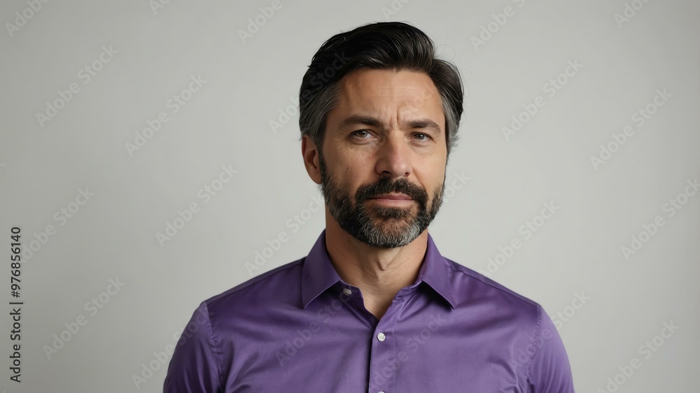 Obraz premium adult black hair caucasian man in purple shirt model portrait standing straight on a plain white background for ad concept space for text