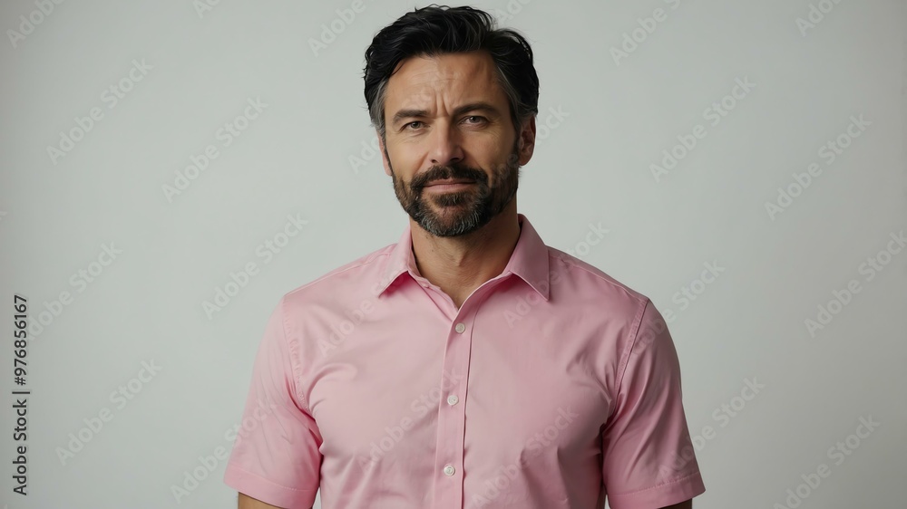 Obraz premium adult black hair caucasian man in pink shirt model portrait standing straight on a plain white background for ad concept space for text
