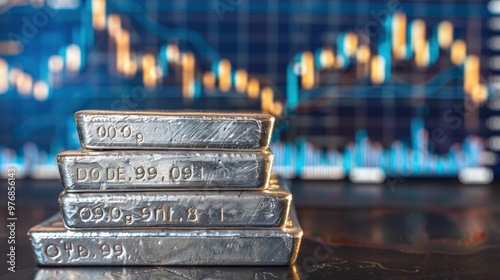 Stack of silver bars with a stock market chart in the background.