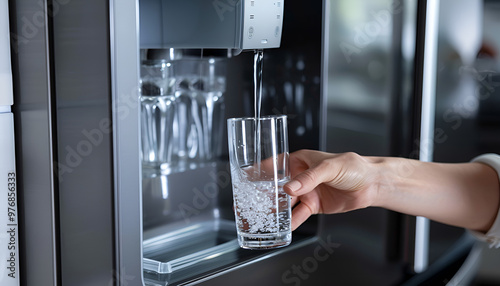 Water dispenser from dispenser of home fridge, Woman is filling a glass with water from the refrigerator