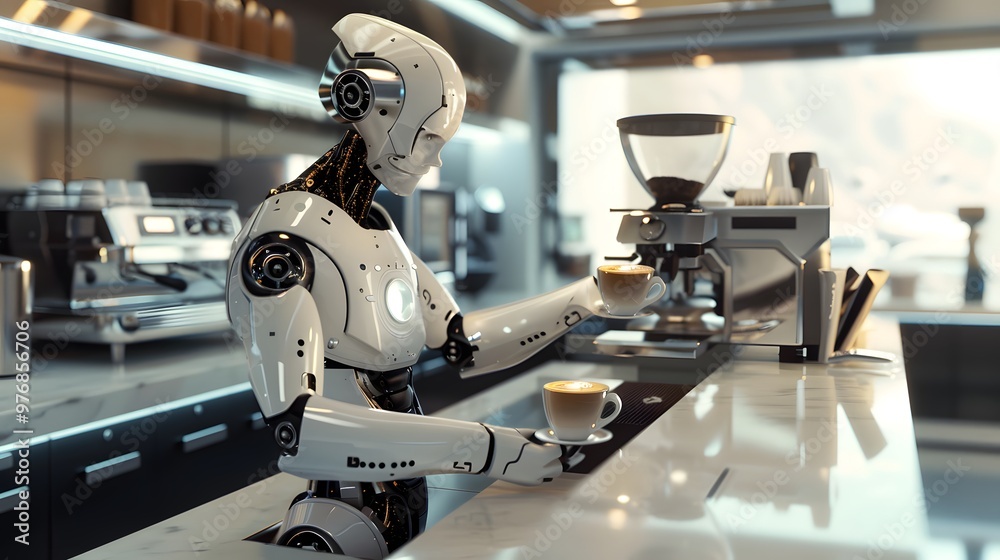 Robotic Barista: A robot barista making a latte in a futuristic café, with precision and flair.
Robotic Barista: A robot barista making a latte in a futuristic café, with precision and flair.