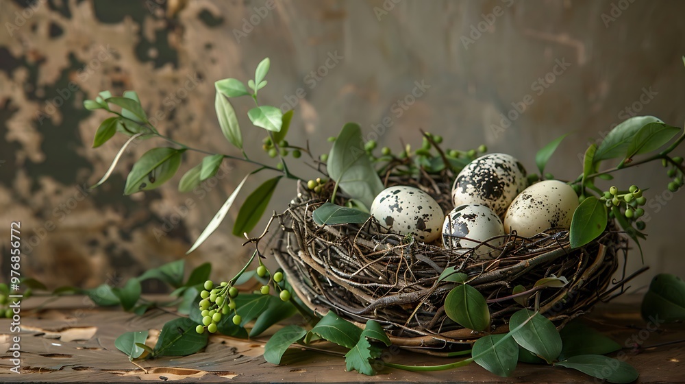 On a wooden background an avian nest with foliage and the quail eggs in a vessel On a wooden background an avian nest with foliage and the quail eggs in a vessel