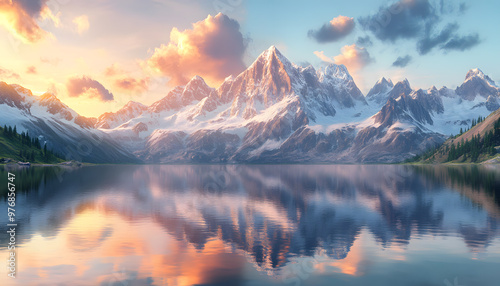 Nature Bliss: A serene mountain landscape with a lake reflecting the snowy peaks at sunrise