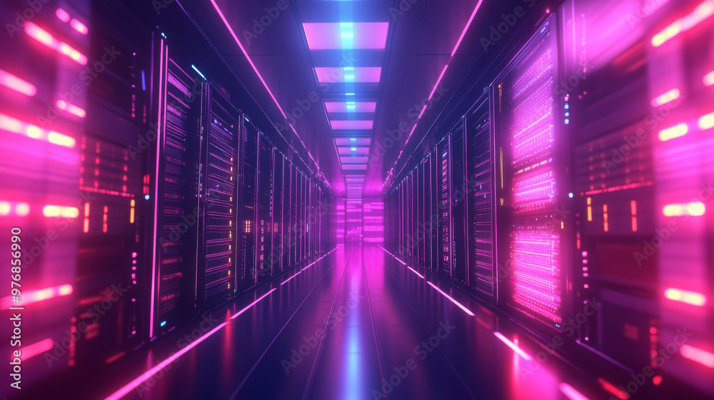 Data center: an abstract representation of a digital repository. It features a server room utilizing cloud computing technology, with a server farm interacting with the internet. Network connections Data center: an abstract representation of a digital repository. It features a server room utilizing cloud computing technology, with a server farm interacting with the internet. Network connections