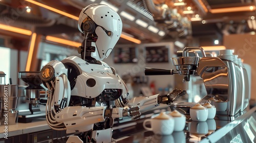 Robotic Barista: A robot barista making a latte in a futuristic café, with precision and flair. 