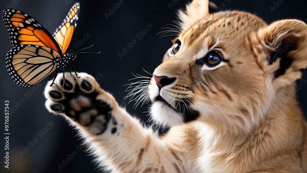 Fototapeta premium a tiger cub with a butterfly on his finger