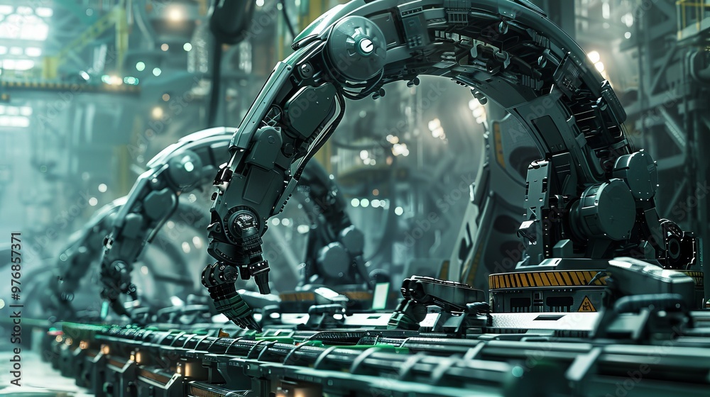 Fototapeta premium Abstract robotics background featuring robotic arms and mechanical parts in a factory setting