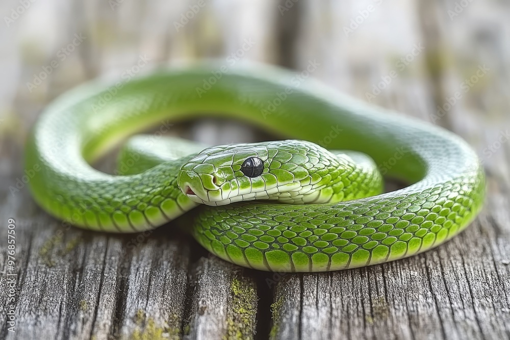 Obraz premium Green Snake Coiled on Wood Symbol of the Chinese Zodiac and New Year Festivities 2025