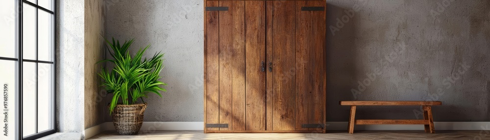Naklejka premium Recycled wardrobe with upcycled metal accents, blending industrial design with eco-conscious interior aesthetics, recycled wardrobe, upcycled interior concept