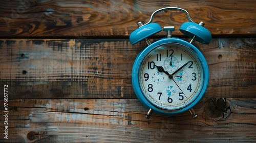 On a wooden surface a blue alarm clock with a trendy wristwatch