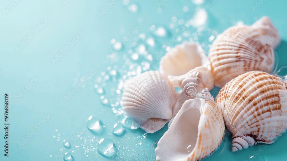 White seashells on a pastel blue background. Summer holiday and vacation concept. Seashell