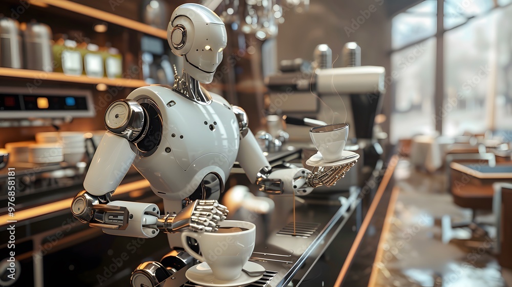 Robotic Barista: A robot barista making a latte in a futuristic café, with precision and flair.
Robotic Barista: A robot barista making a latte in a futuristic café, with precision and flair.